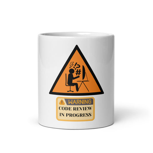 Warning Code Review White glossy mug